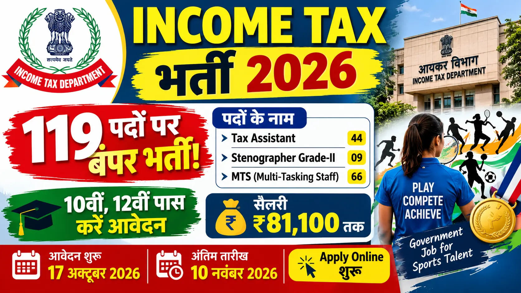 Income Tax Delhi Sports Quota Recruitment 2026